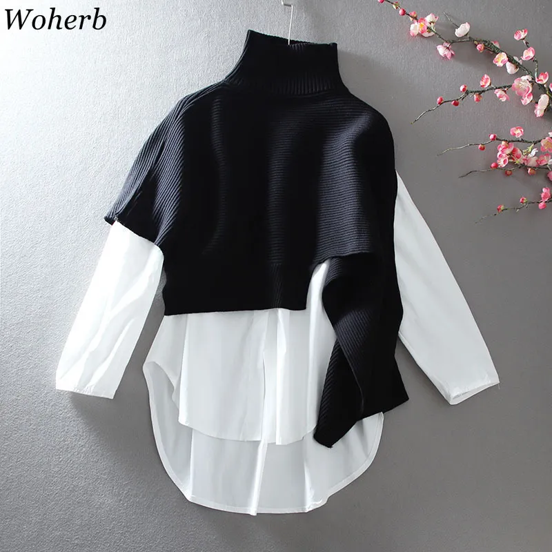 Loose Two Peice Set Women Turtleneck Sweater White Plus Size Shirt Tops Korean Chic Femme Roupas 210422