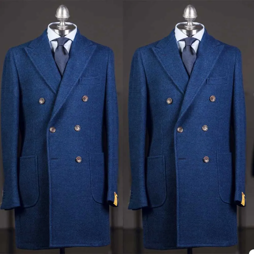 Giacche da smoking lunghe in tweed blu con risvolto a punta smoking formale costume allentato vintage retrò cena festa vestito da ballo blazer 1 giacca X0909