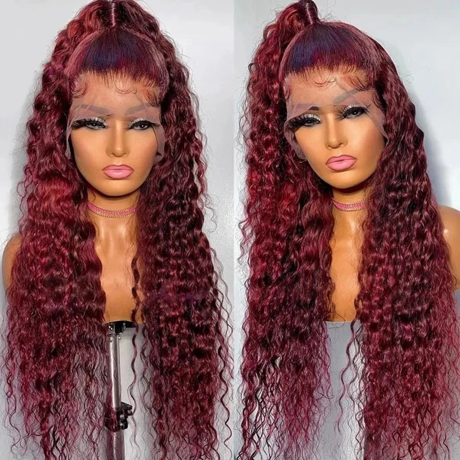 Hair Accessories Curly Human Hair Wigs Wine Red Brazilian Remy Deep Wave Full Lace Front Synthetic Wig 180% Pre Plucked
