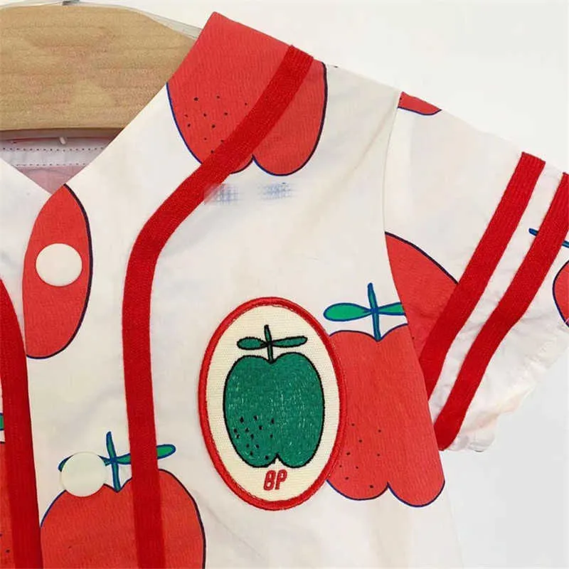 Enfants coréens unisexe vêtements d'été ensembles mode marque Design pomme motif rayé chemise et Shorts tenues enfant 210619