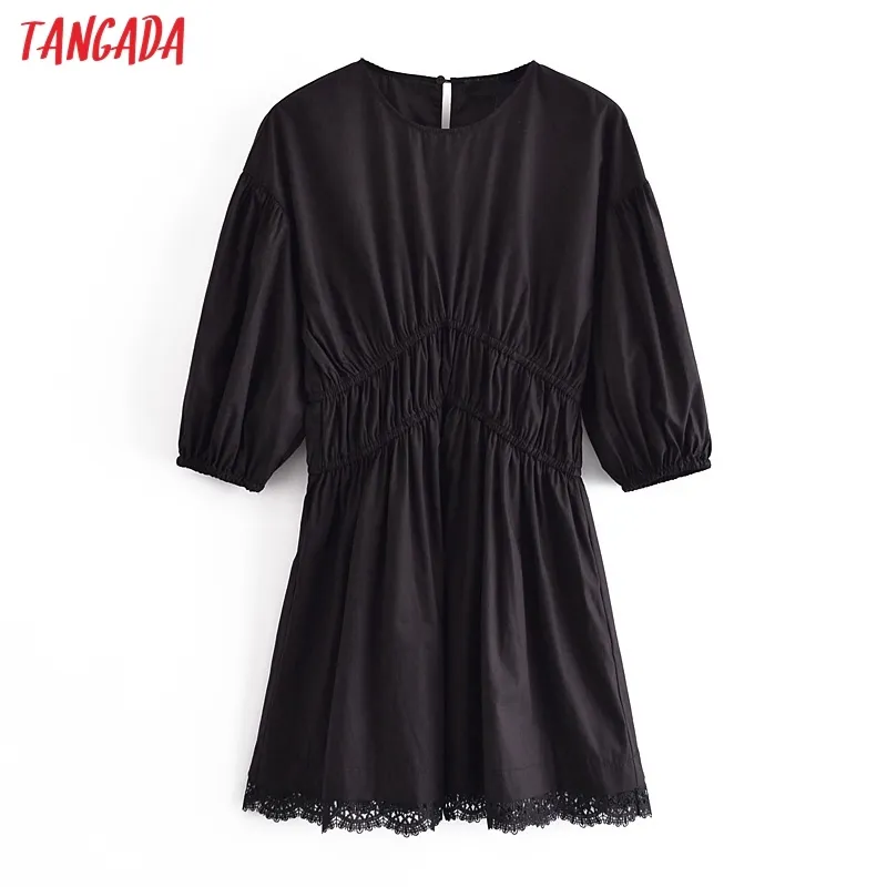 Verano mujer negro túnica encaje Pathcwork Puff manga corta señoras Mini vestido Vestidos 3H251 210416