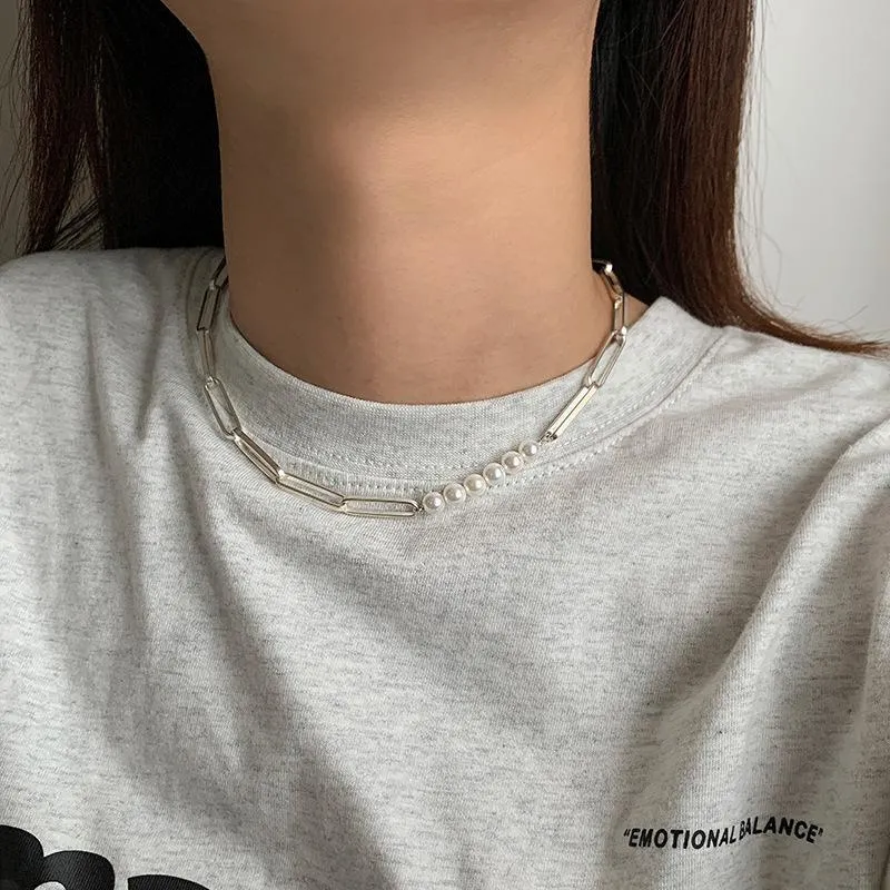 Chokers Allme Temperament Imitation Pearl Necklace For Women Ladies Silver Color Copper Alloy Chain Accessories327m