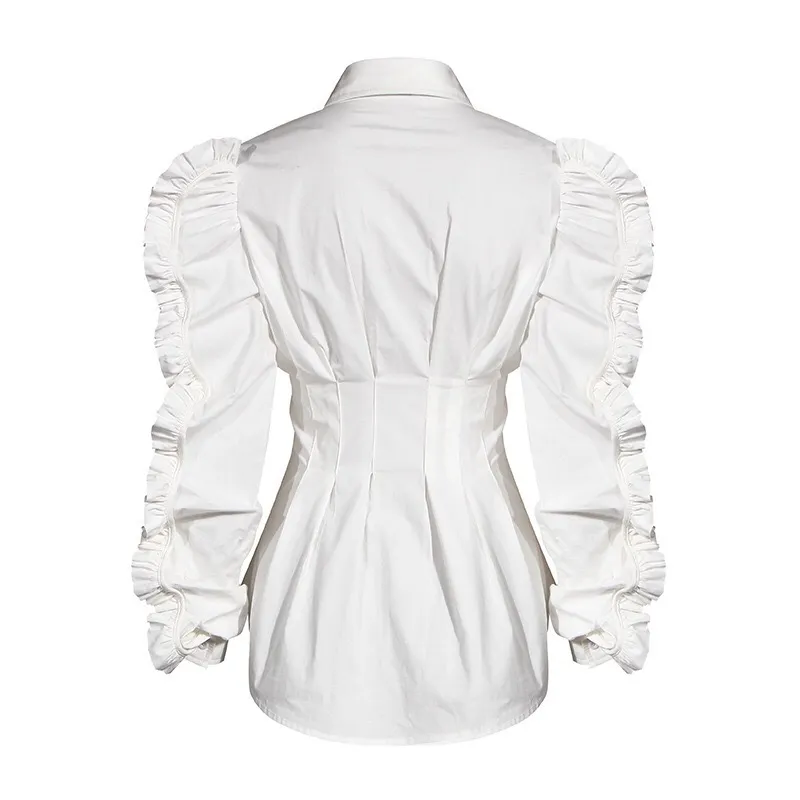 Alta Qualidade Negro Branco Rufles Manga Longa Camisa Mulher Retro Lapela Único-Breasted Blusa Causal Ruched Slim Tops Blousas 210429