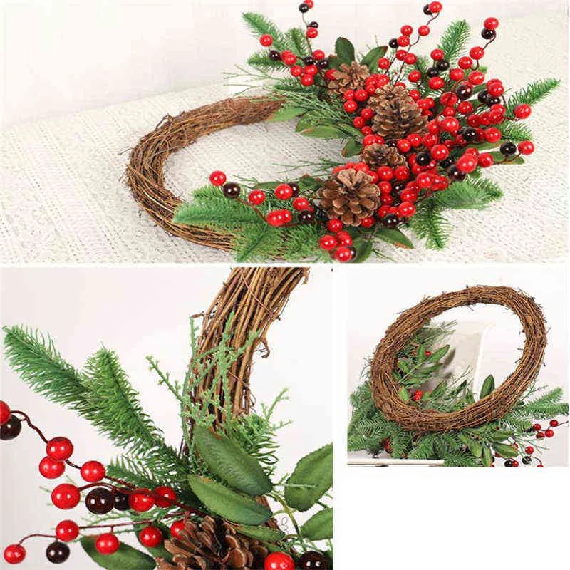 Jul Rattan Krans Pine Natural Branches Berriespine Cones för DIY Julkrans Tillbehör Hem Dörrdekoration 211104