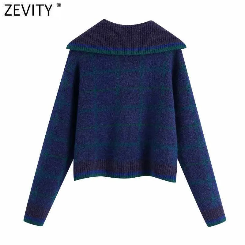 Zevity Women Fashion Turn Down Collar Patchwork Plaid Casual Loose Sticking Sweater Kvinna Chic Långärmad Pullovers Tops S574 210603