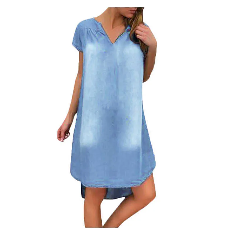 洗われたスリムVネック半袖ドレス服カジュアルな熱い緩い女性のドレス夏のファッションセクシーな女性デニムドレスY1006