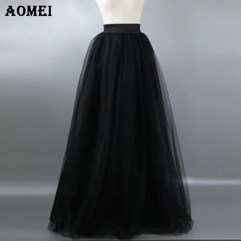 Damer 6 lager maxi långa kjolar plus storlek svart tulle mode prom party prinsessa lolita mesh kjol jupe saias petticoat 210416