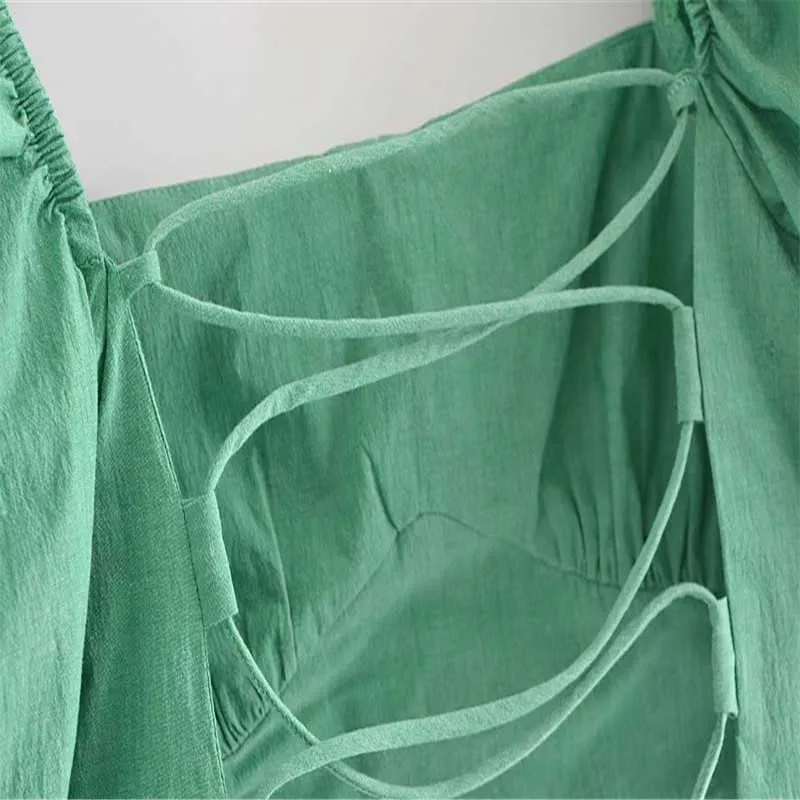 Vrouwen gebonden bijgesneden za blouses korte bladerdeeg mouw backless sexy zomer top rug gekruiste spaghetti riemen vintage groen shirt 210602