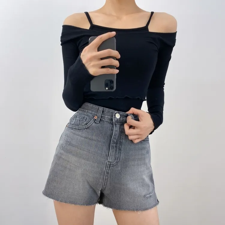 Sexy Zwei Stücke Set Frauen Crop Langarm T-shirt + Sleevless Weste Frühling Sommer Dünne Gestrickte Tops Stretch Dünne T-shirts 210519