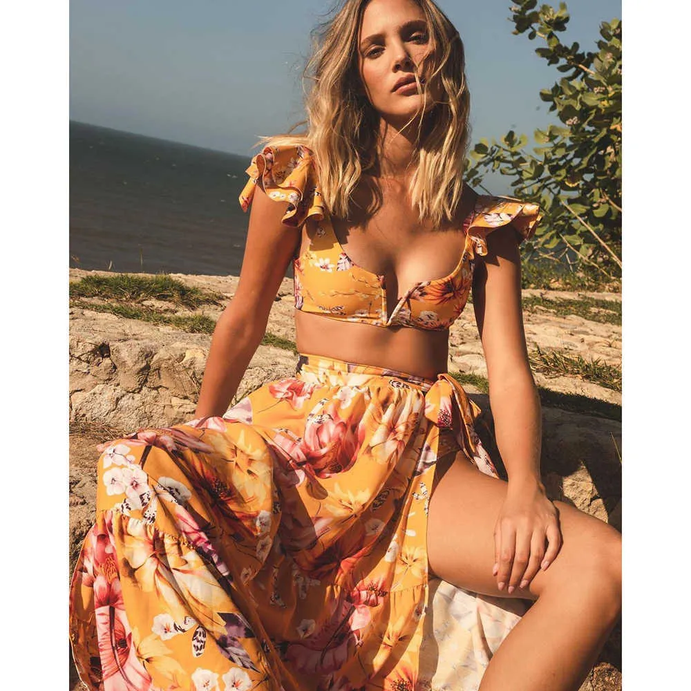 Cobertura de praia Up Bikini Skirt Tunics para folhas longas Imprimir Robe de Plage Sarong Swimsuit 210621