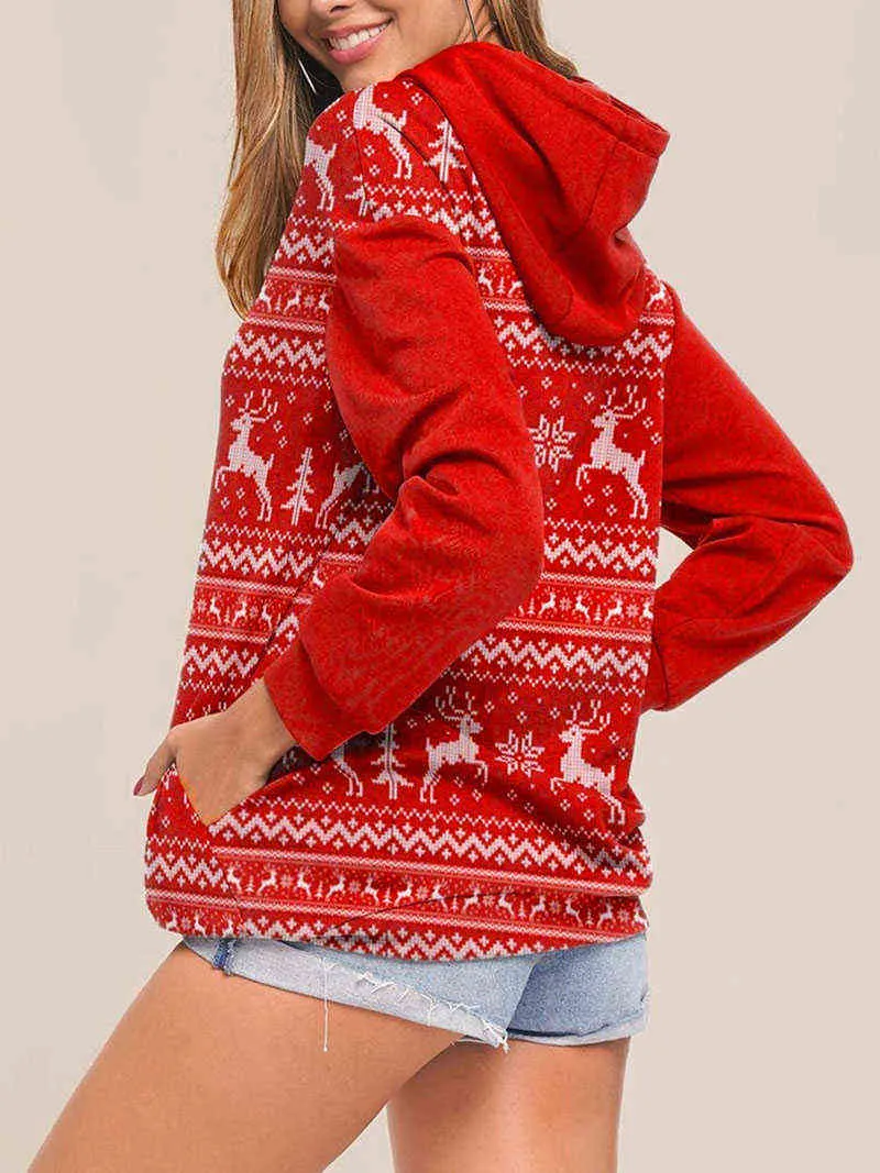 Frauen Hoodies Weihnachten Elch Schneeflocke Cartoon Nette Drucken Mit Kapuze Kragen Kordelzug Rot Pullover Lose Beiläufige Sweatshirt Y1118
