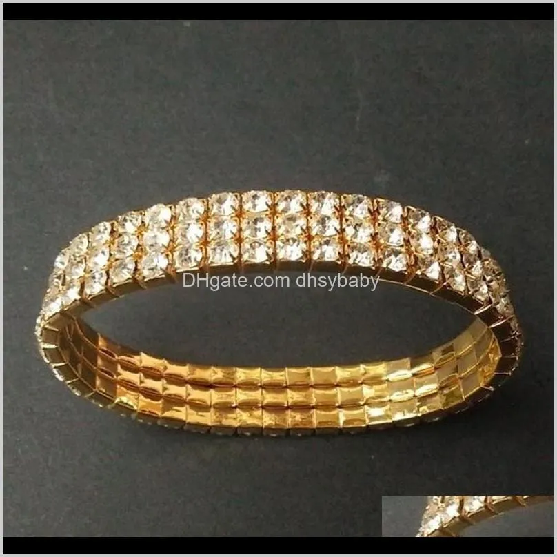 Bracciali 12 pezzi / lotto 3 file gioielli da sposa elastico cristallo strass stretch oro braccialetto braccialetto intero matrimonio Acc281e