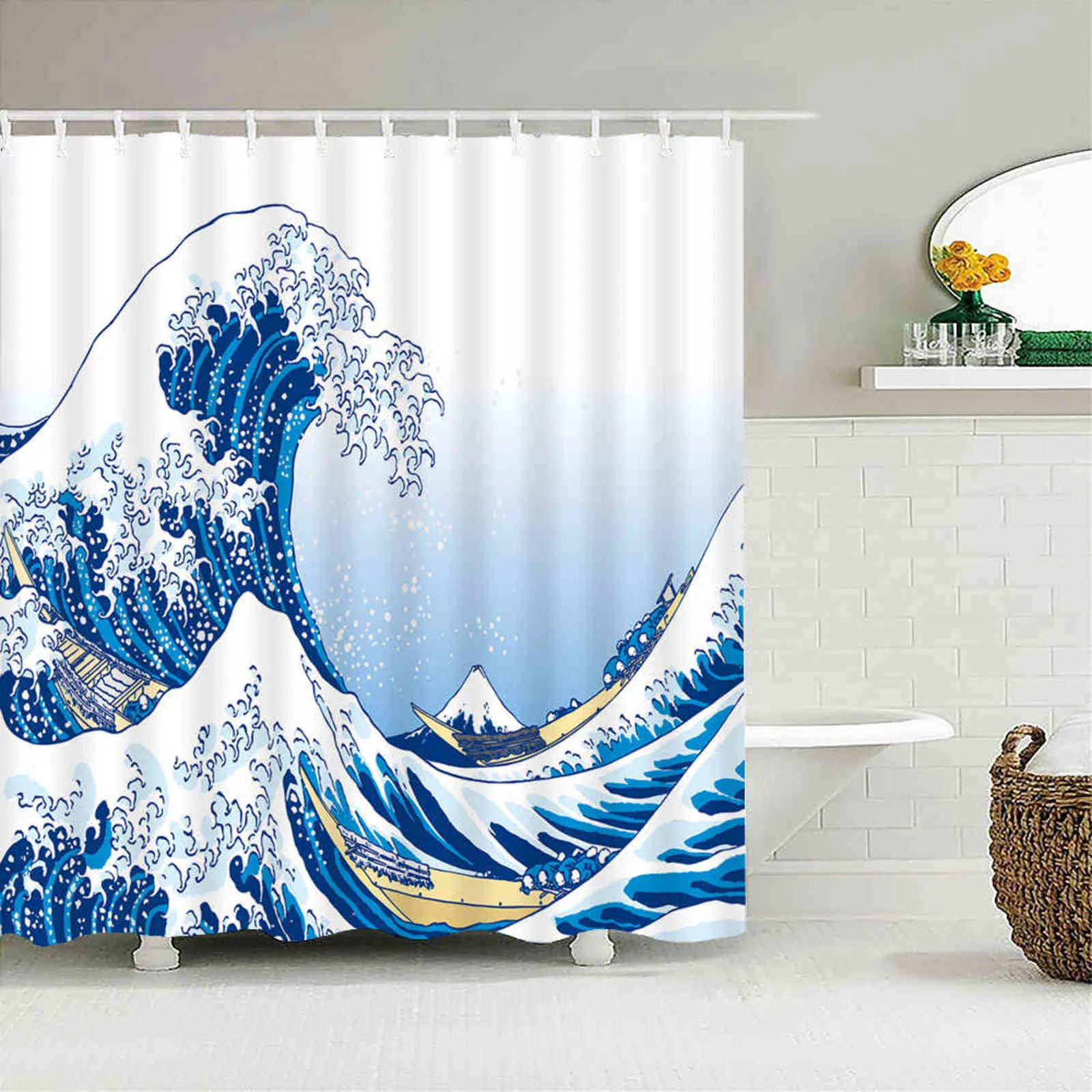 Duschvorhang im japanischen Stil 3D-Tintengemälde Badezimmer Vorhang wasserdicht mit Haken 180 * 240 cm Duschvorhang Polyestergewebe 211116