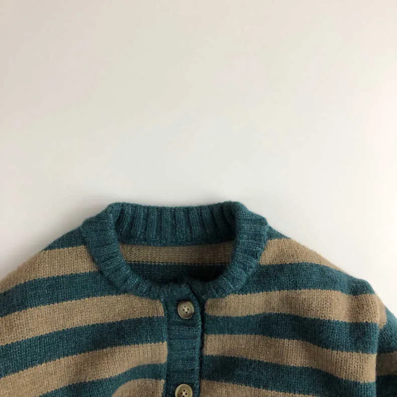 Outono e inverno camisola de criança de pulôver infantil único-breasted azul redondo pênis listrado algodão listrado Cardigan 210701