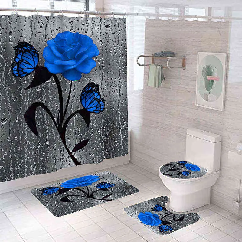 레드 로즈 베리 플라이 욕실 미끄럼 방 방수 샤워 커튼 세트 튼튼한 방수 샤워 커튼 세트 목욕 매트 러그 211116