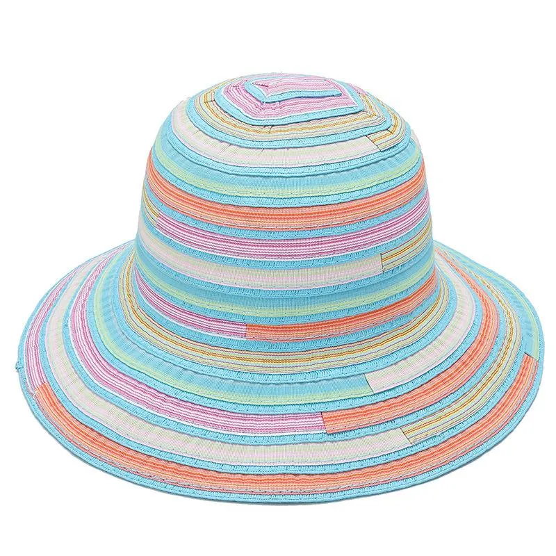 Cappello da pescatore Donna Estate Pieghevole Sole Panno a strisce arcobaleno Protezione solare colorata Donna Vacanza al mare Berretto casual idilliaco Tesa larga322a
