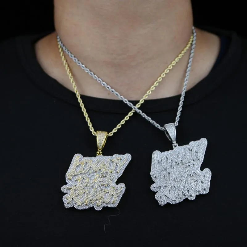 Chaînes deux tons couleur glacée fidélité sur la lettre de royauté pendentif collier hip hop bling cubique zircone lettres charme hommes bijoux255y