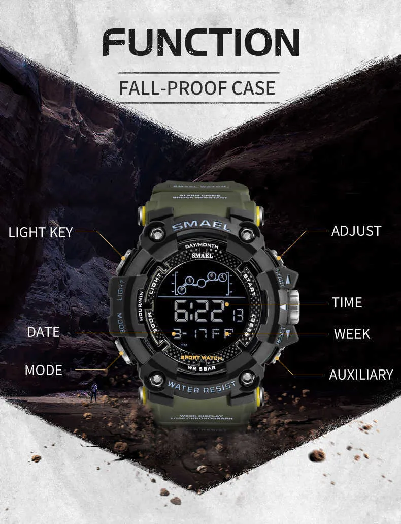 Mens Watch Military Water resistant SMAEL Sport watch Army led Digital wrist Stopwatches for male 1802 relogio masculino Watches G1022