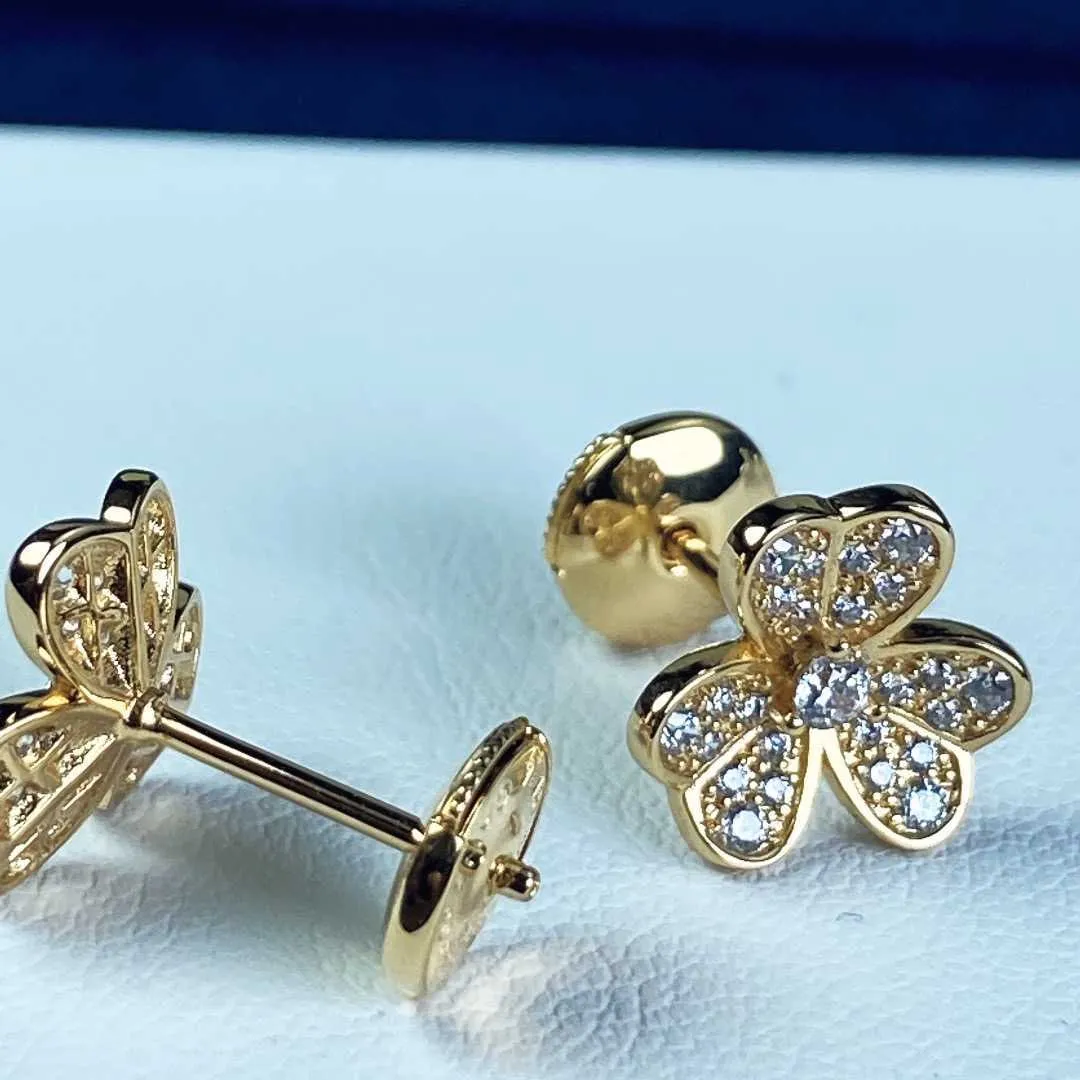العلامة التجارية Pure 925 Sterling Silver Earrings 3 Leaf Clover Flower Full Diamond Stud Strings White Gold Gold Gold Quality 3557713