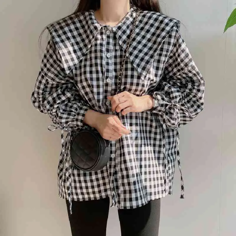 QOOD Black White Plaid Retro Shirt Enkele Breasted Losse Bladerdeeg Sleeve Shirt Drawstring Style Pull-down Collar Womens Tops QT586 210518