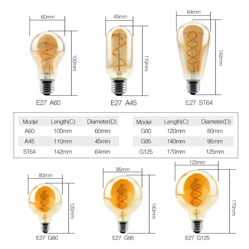 Glödlampor LED -glödlampa C35 T45 ST64 G80 G95 G125 Spiral Light 4W 2200K Retro Vintage Lamps Dekorativ belysning Dimble Edison LA285H