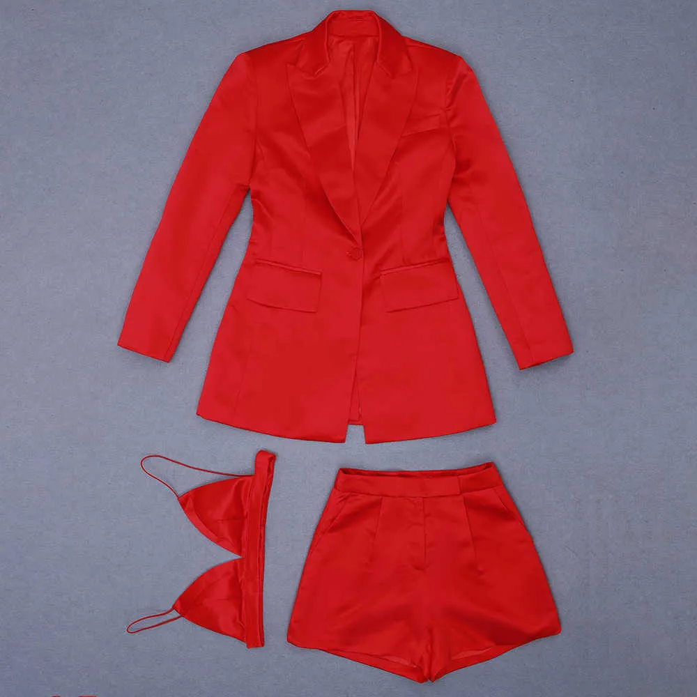 Conjunto de ropa de mujer Sexy Red Blazer Coats Office Lady Dos piezas High Street Trajes cortos 210527