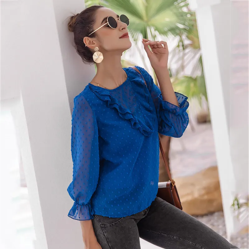 Sheer Polka Dot Volants Bureau Laides Blouse Tops Femmes Élégant Vintage Bleu Transparent Automne Hiver Chemises 210427