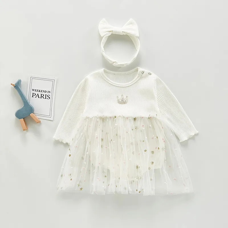 Baby Girl Crown Printing Princess Dress Romper Autumn Cute Odzież Urodzony Urodziny Party 210515
