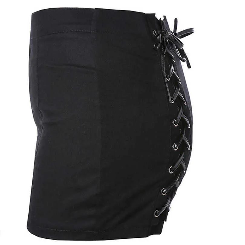 Été femmes solide Shorts Criss Cross Bandage taille haute à lacets Punk noir pantalon court pantalon 210724