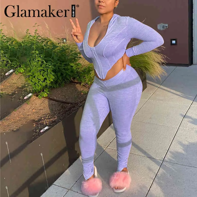 Glamaker Set da due pezzi fitness a manica lunga da donna autunno sexy crop top e pantalone completo da donna streetwear club outfit 210412