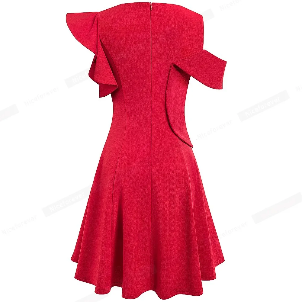 Nice-forever Summer Women Elegante colore rosso Abiti da ballo Cocktail Party Flare Dress btyA226 210419