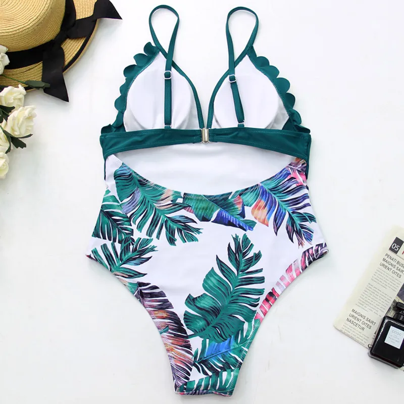 High Waist Bikini Push Up Swimsuit Women Print Bikinis Retro Plus Size Swimwear Padded Bathing Suit Floral Leaf Beach Wear 210515