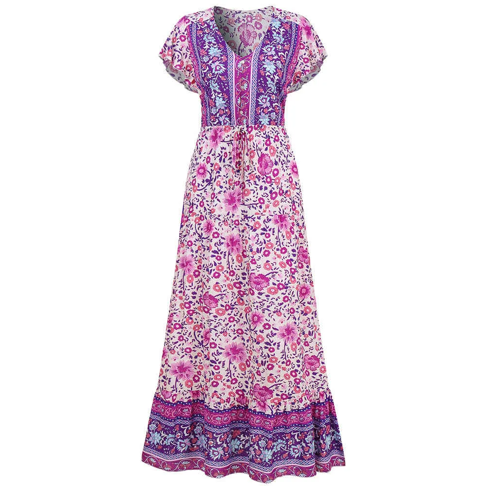 Foridol Bohemian Floral Print Maxi Długa sukienka Kobiety V Neck Wzór Guzik Plaża Letnia Dress Purple Boho Wakacje Dress 210415