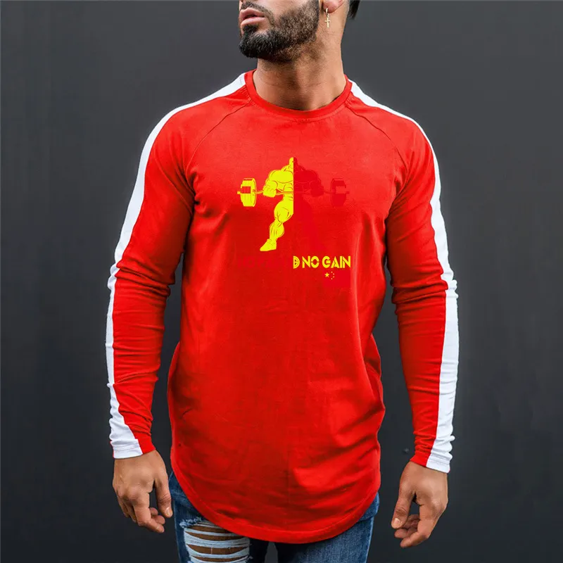 MuscleGuys varumärke kläder höst långärmad T-shirt Män Bomull Slim Fit Nej Smärta No Gain Fitness Fashion Topps Tees 210421