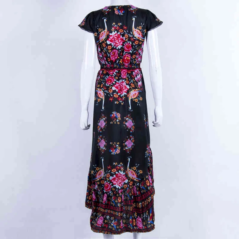 Vrouwen jurk Boheemse vintage sjerpen versierd bloemen gedrukt grote open V-hals korte vlinder mouw hoge taille mode kleding 210522