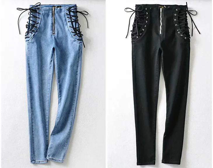 Kvinnor hög midja jeans kvinna sexig svart blå elastisk mager blyertsbyxor kvinna plus storlek blixtlås tvätt denim byxor tjej