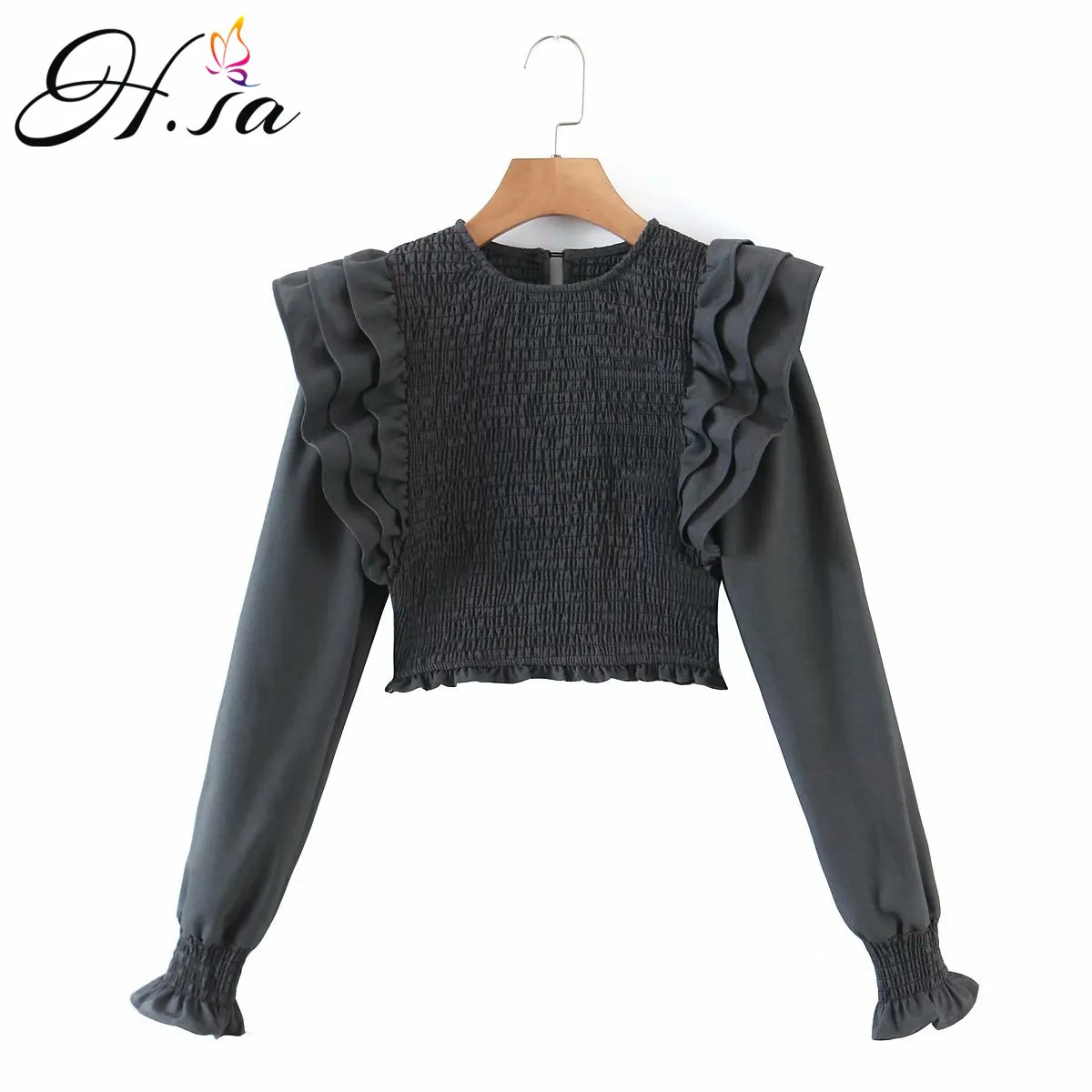 HSA Spring Arrivals Women Black Ruffles BeuGhees Slim Elastic Maniche lunghe blusa camicie sexy camicetta de mujer 210417