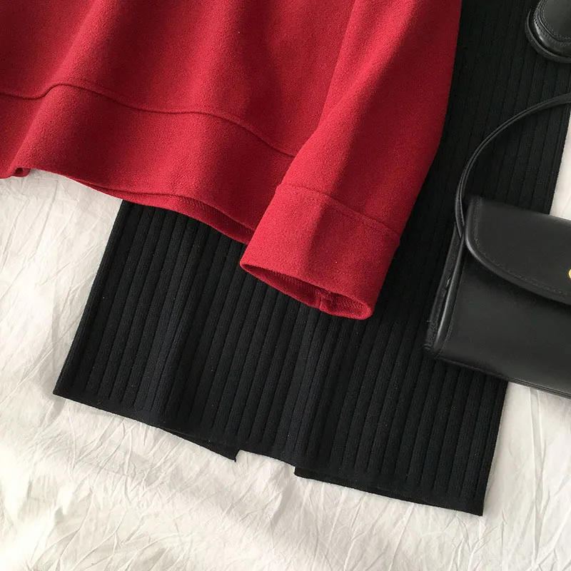 Ezgaga اثنين من قطعة مجموعة المرأة الكورية الدانتيل يصل الأحمر هوديس + ارتفاع الخصر تنورة محبوك مكتب سوداء سيدة أنيقة الأزياء 2 قطعة ملابس 210430