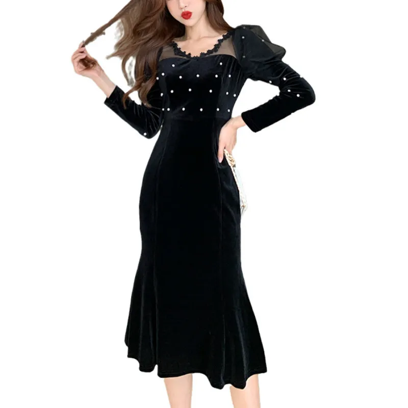 Kimutomo vestido de mujer primavera otoño señoras cuello pico ajustado cintura alta manga farol negro terciopelo vestido de fiesta sirena elegante 210521