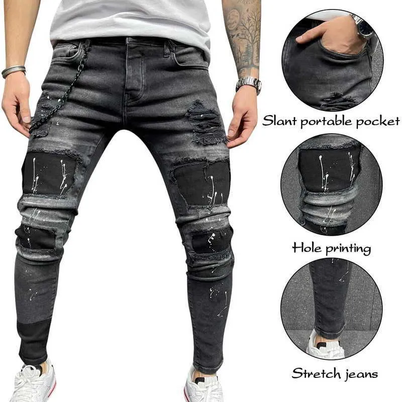 Hombres rasgados pantalones vaqueros flacos de alta calidad negro patchwork biker lápiz pantalones locomotora pantalones de mezclilla calles hip hop pantalones de vaquero x0621