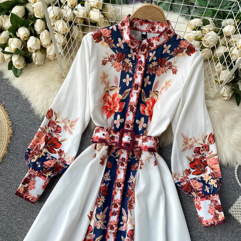 Printemps automne robes pour femmes décontracté simple boutonnage bohême longue Vintage col montant imprimé fleuri 210423