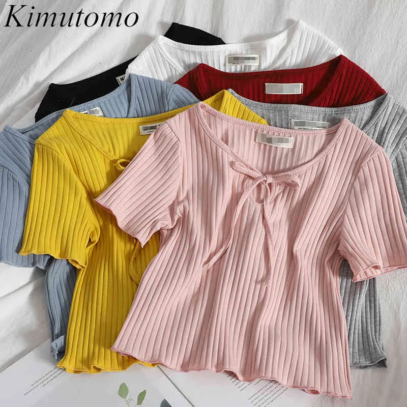 Kimutomo estilo coreano camiseta niñas arco encaje hasta cuello en V manga corta adelgazante hongo Top mujer Primavera Verano moda suave 210521
