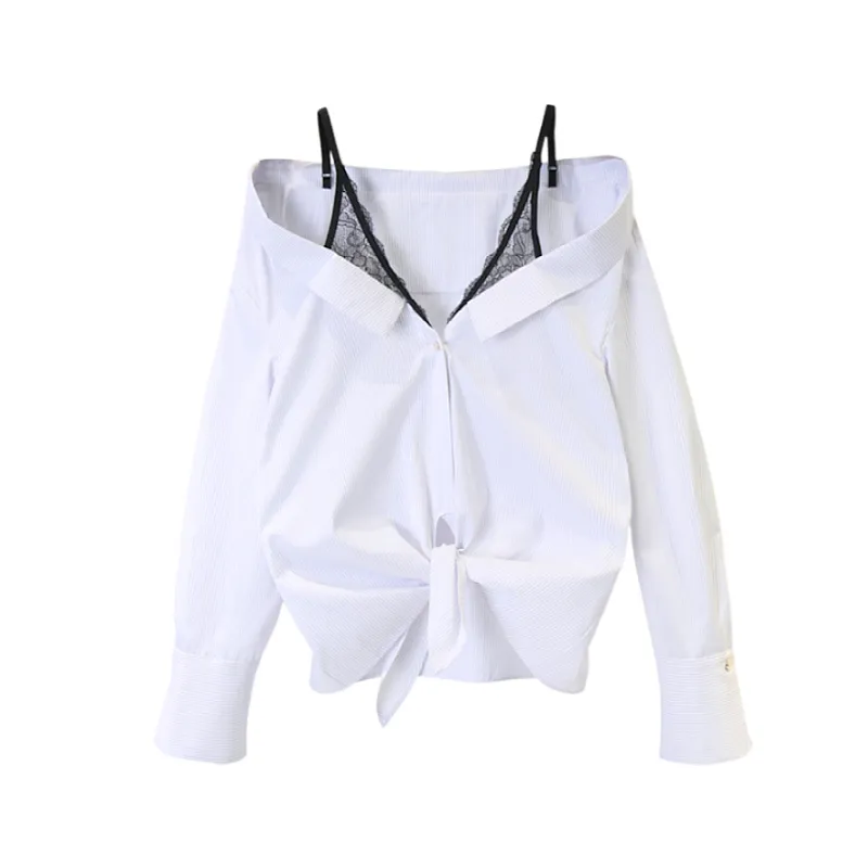 CHIC Off-плечо кружева лоскутная блузка женские рубашки поддельных двух частей женские топы весна с длинным рукавом CamiSas Mujer 210514