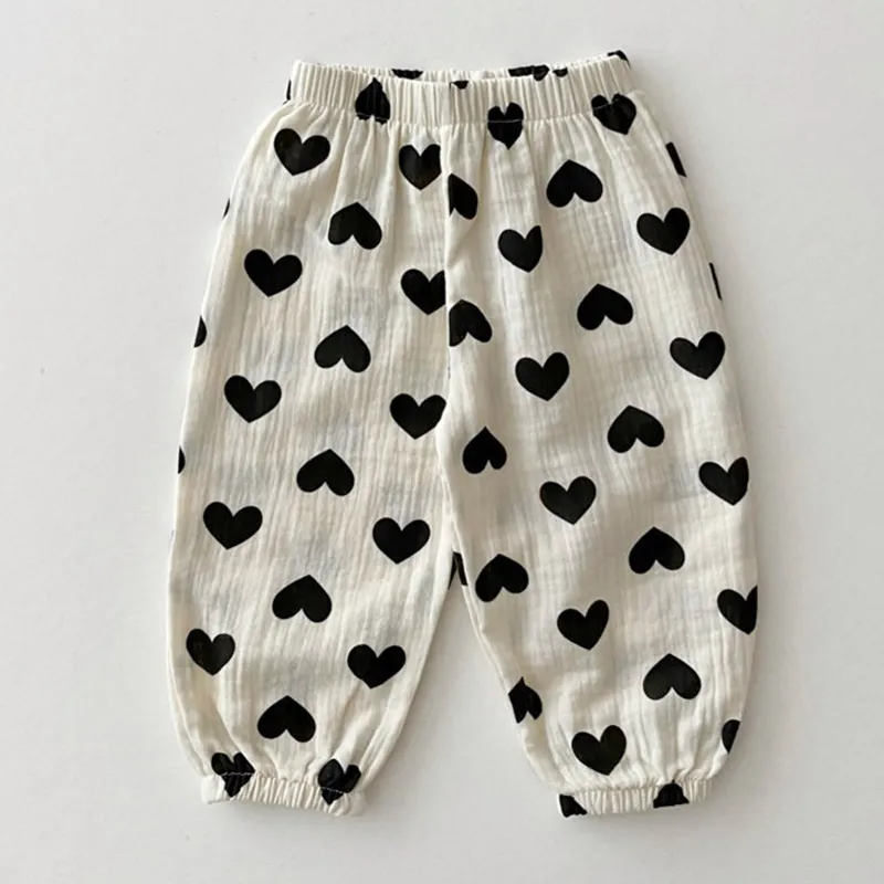 Yaz yenidoğan bebek pantolon erkek kız giyim için pamuk kalp puantiyeli desen pantolon tobbler çocuklar gevşek rahat pantolon 210413