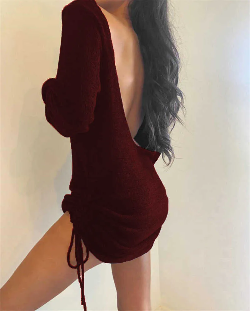 セクシーな背中のないセータードレス女性秋の首の長袖ソリッドカラールーズ収縮巾着レースアップミニドレスvestidos 210630