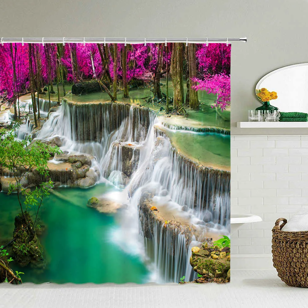 Paysage Forêt Cascade Rideau De Douche Tissu Imperméable Impression 3D Paysage Naturel Salle De Bains Rideau 240X180 Rideaux De Bain 210609