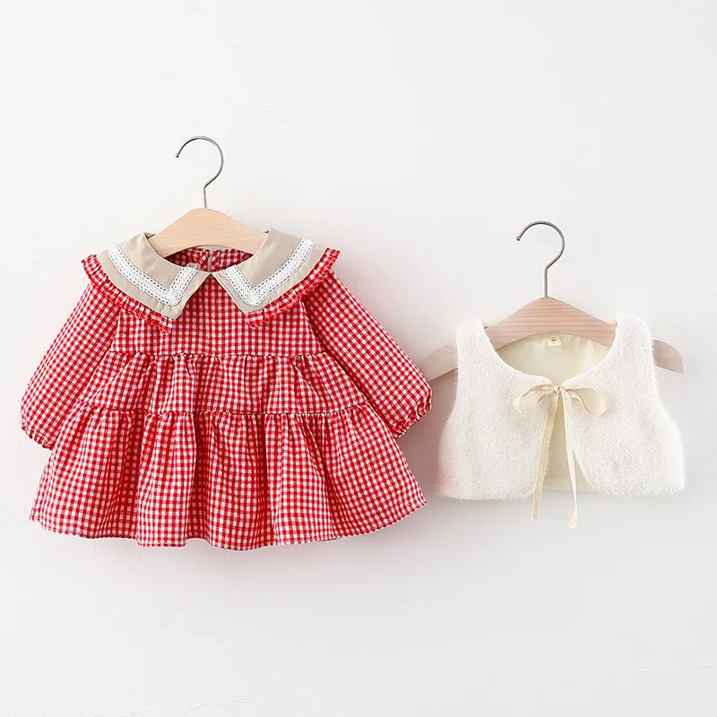 Automne Toddler Girls Vêtements pour 1-4 ans Robe bébé Hiver Hiver Casual manches longues Plaid blanc Vest 210515