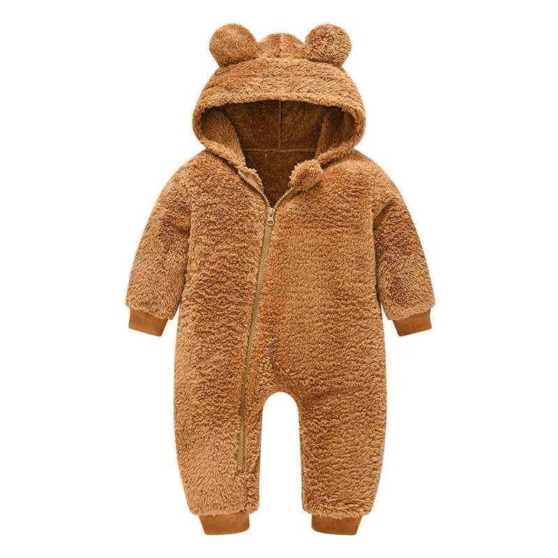 Cute Plush Bear Baby Rompers Toddler Girl Overall Jumpsuit Spring Autumn Hooded Zipper Boys Romper Infant Crawling Clothing 211101