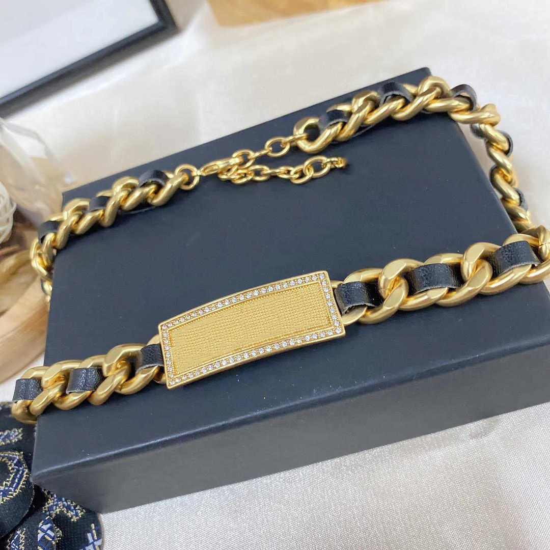 2021 marca de moda conjunto jóias feminino corrente grossa festa luz cor ouro cristal gargantilha pulseira c nome carta preto leather5221574