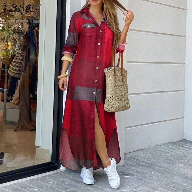 Zanzea 2021ファッション女性の憧れのローブの女性秋のヴィンテージ長袖マキシシャツのドレスカジュアルな格子縞のvestidos Plusサイズ5xl x0521
